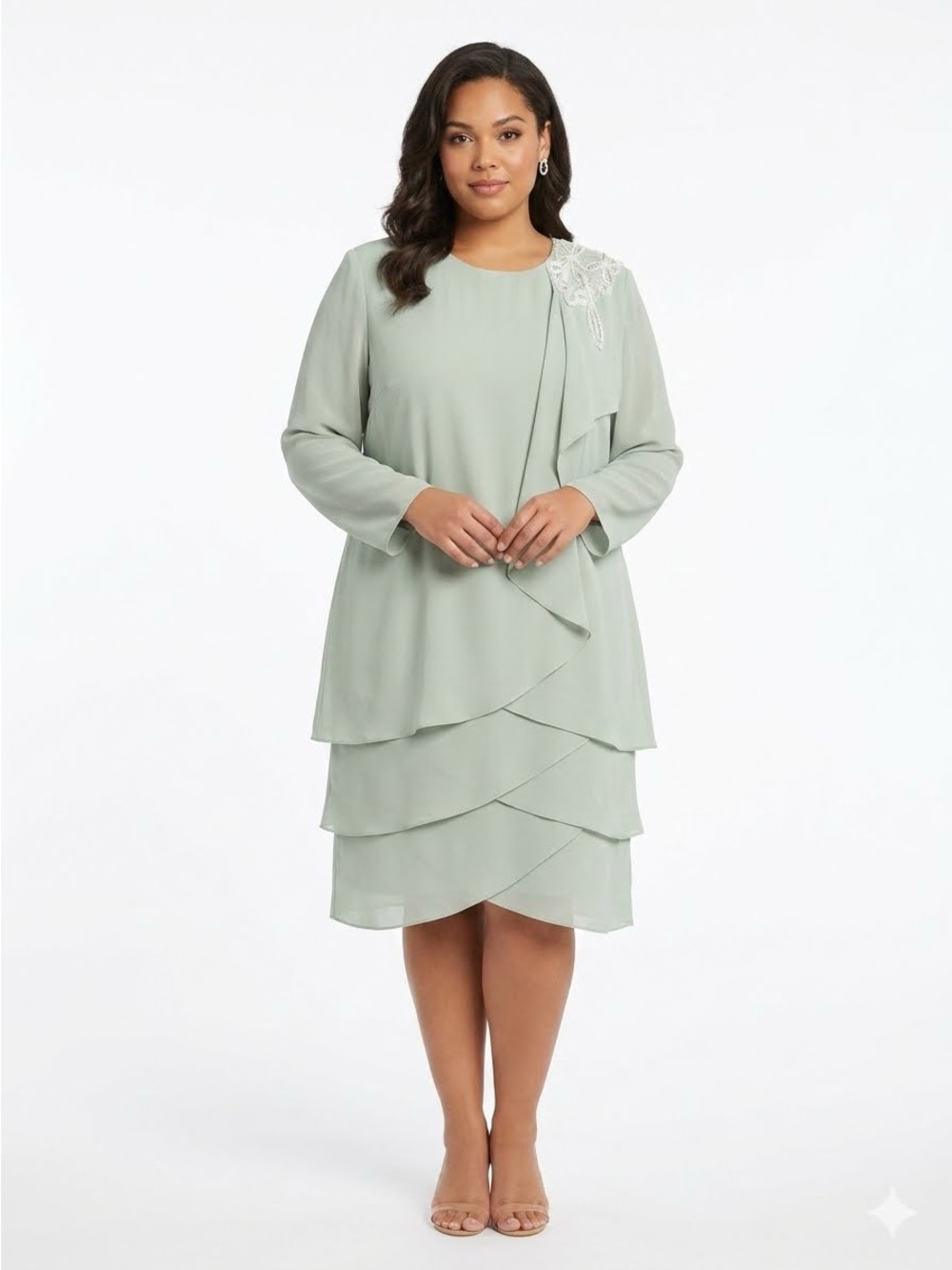 Patra Woman Light Sage Layered Chiffon Long-Sleeve Dress Size 20 NWT
